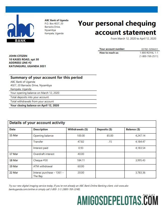 em branco Uganda ABC Bank Of Uganda Comprovante de endereço modelo de extrato bancário em formato Word e PDF (.doc e .pdf)